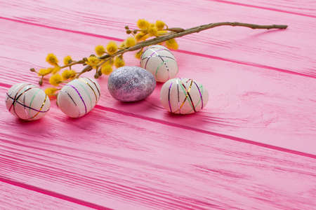 Decorated Easter eggs and pussy willow.の写真素材