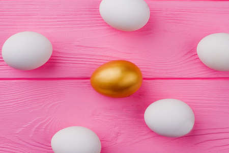 Chicken eggs on pink wooden background. Group of white and one golden egg on wood plank. Preparation for Easter holidays.の写真素材