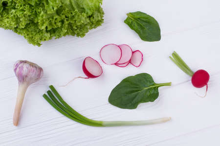 Variety of fresh herbs and vegetables. Background with cooking ingredients including garlic, onion, basil, radish and lettuce.の写真素材