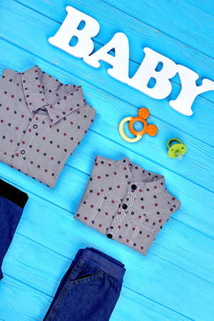 Baby-boy shirts, jeans, accessories. High quality wear for toddler boys on sale. Little boys brand fashion style.の写真素材