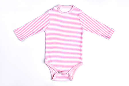 White pink stripes baby bodysuit. Baby-girl cotton striped romper isolated over white.の写真素材