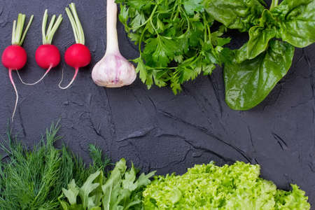 Frame from green herbs and vegetables. Image of agriculture products on slate plate with copy space. How to change eating habits.の写真素材