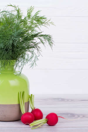 Bouquet of dill in ceramic jug. Fresh dill and radish on light wooden background with copy space.の写真素材