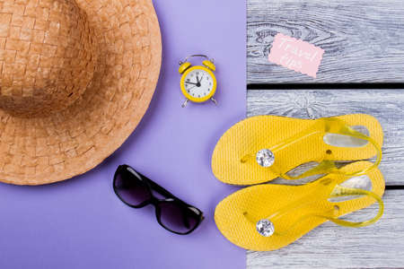 Travel tips concept, beach accessories flat lay. Luxury female attributes and clothes for resort.の写真素材