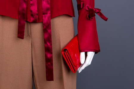 Close up mannequin with red purse. Dummy with stylish women shirt, trousers and wallet, copy space. Feminine elegance and fashion.の写真素材