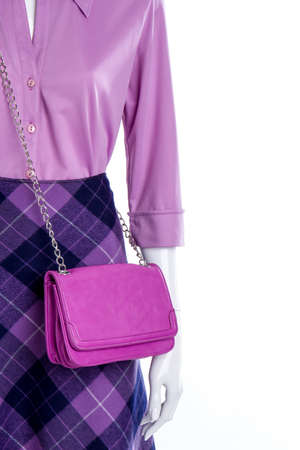 Female mannequin in elegant outfit. Blouse, skirt and fashion clutch for ladies, copy space. Feminine fashion look.の写真素材