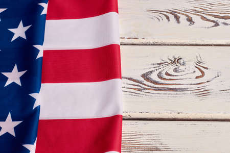 USA national flag and copy space. Flag of United States of America on vintage wooden backgfround, space text.の写真素材