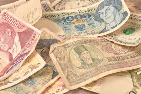 Retro world paper money, close up. Old paper banknotes, top view.の写真素材