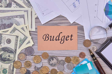 Budget concept and finance attributes arrangement. Top view, flat lay.の写真素材