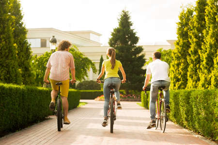 Young people riding bicycles, back view. Three friends in summer park. Carefree summer weekend.