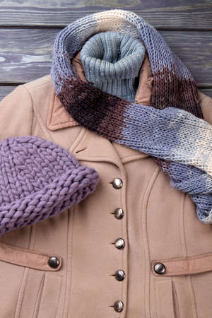 Warm feminine look for cold winter. Flat lay. Close up front view womens clothing.の写真素材