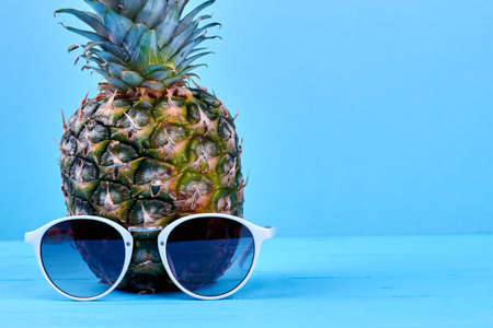 Realistic ananas with sunglasses and copy space. Pineapple and sunglasses on blue background with text space.の写真素材