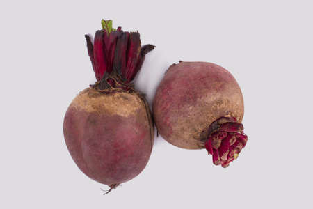 Two raw beetroot bulbs. White isolated background.の写真素材