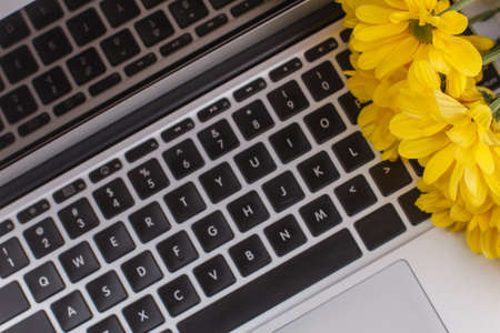 Laptop keyboard and yellow flowers close up. Bouquet of sunchoke flowers.の写真素材