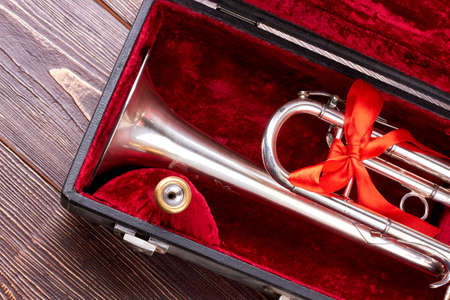 Christmas silver trumpet in box. Brass trumpet in velvet case. Traditional musical instrument.の写真素材