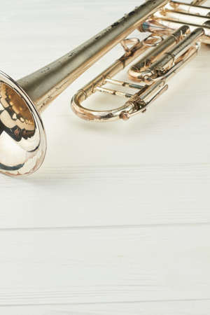 Old silver trumpet and copy space. Trumpet on light background, vertical image. Classical instrument of orchestra.の写真素材