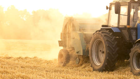 Harvesting cutting wheat. Farmer on tractor and dust. Close up.の写真素材