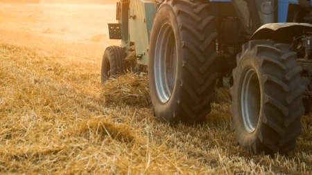 Tractor wheels close up. Yellow straw on the field.の写真素材