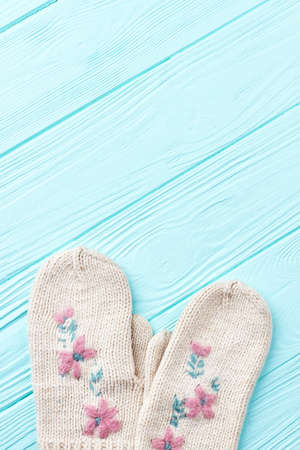 Female knitted mittens and copy space. Woman beautiful woolen gloves with floral design on colored...