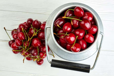 Sweet delicious cherries in aluminium container.の写真素材