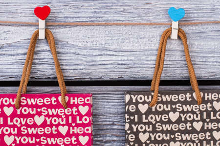 Paper gift bags with romantic pattern. Patterned gift bags hanging on rope with heart shaped clothespins. Valentine holiday gift package design.の写真素材