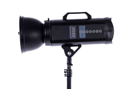 Head of studio flash strobe lamp light. Side view professional studio photography lighting close up....