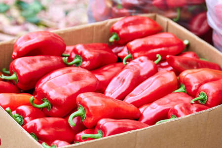 Cardboard box with red bell peppers. Big red organic peppers in cardboard box at farmers market....