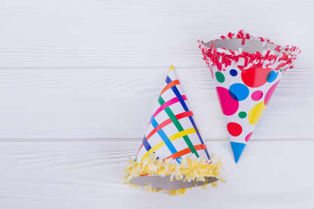 Party cone hats for Birthday celebration. Two Birthday party hats with copy space.の写真素材