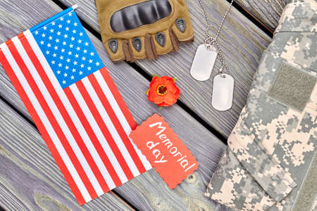 US army veterans equipment for memorial day. Flat lay, top view.