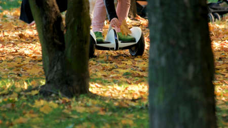 Kid rides gyro scooter in autumn park with dry leaves. Girl gathers leaves in autumn park. Popular kind of electrical transport. Golden autumn outdoors.の写真素材