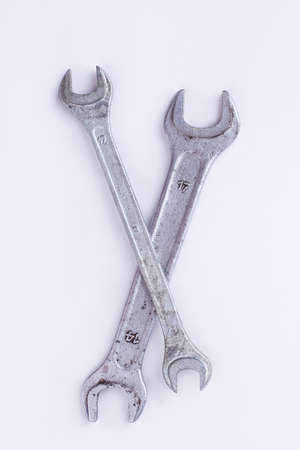 Stainless steel tools on white background. Two wrenches with clipping path, vertical image.の写真素材