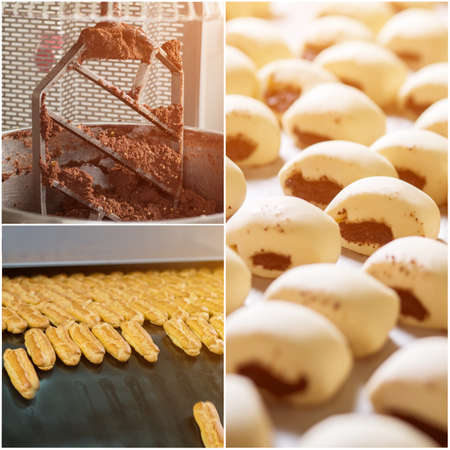 Cakes manufacturing process, collage. Confectionery factory manufacturing. Manufacture of bakery...