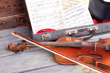 Classical musical instruments close up. Artistic objects musical instruments. Symphonic music background.の写真素材