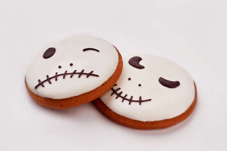 Homemade sugar cookie for Halloween holiday. Isolated on white background.の写真素材