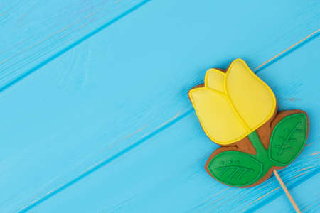 Homemade gingerbread cookie in the shape of tulip flower. Ginger biscuits for March 8 on blue background with copy space. Happy womens Day.の写真素材