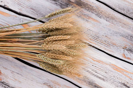 Sheaf of wheat ears on wooden background. Background with wheat ears on the old wooden boards.