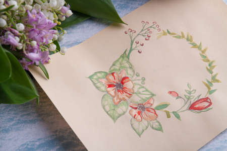 Paper with flowers drawing. Bouquet of various flowers.の写真素材