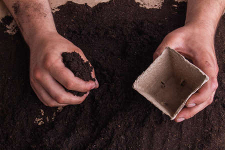 Man's grabbing soil to put it into fibre pot. Close-up. Growing and potting concept.