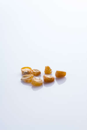Dry corn grain seeds. White isolated background, cutout.の写真素材