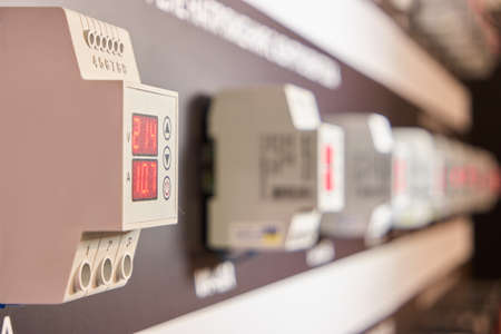 Row of voltage regulator panels. Electronic Machines instrument panel for electric energy...