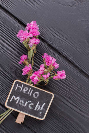 Small pink flowers on a dark wooden background. Top view close up. Hello march!の写真素材