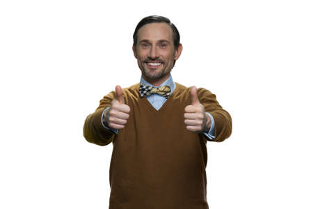 Handsome man in brown sweater. Portrait of happy mature man isolated on white background.