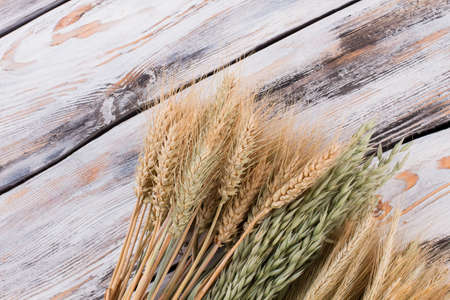 Ears of different types of cereals. Wheat ears on wooden background. Space for text.