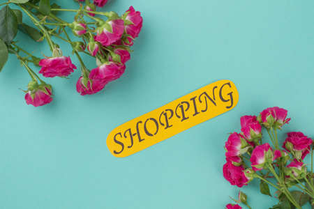 Womens shopping concept flat lay. Isolated on blue turquoise background.