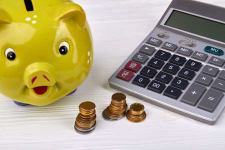 Calculating savings concept. Piggy bank with coins and callculator isolated on white background.