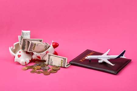 Saving money for travel concept. Broken piggy bank with coins money isolated on pink background.