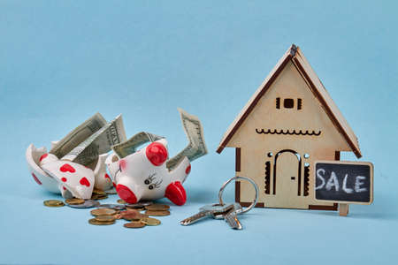 Saving money for a new house concept. Broken piggy bank with miniature house model and keys isolated...