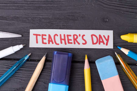 Teachers day concept with stationery accessories. Conposition of items for writing and drawing.の写真素材