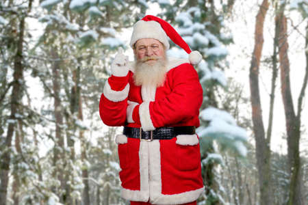 Santa Claus raised index finger upwards. Concentrated Santa Claus pointing with index finger upwards. Old realistic Santa Claus having an idea on snowy nature background.の写真素材