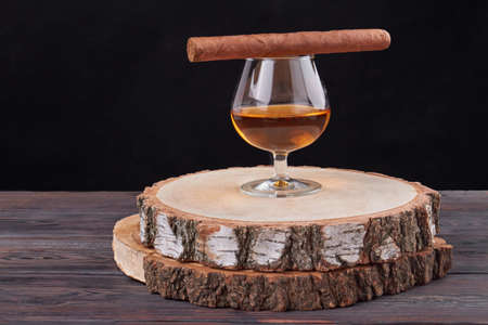 Glass of brandy with cigar. Round wooden board with bark. Dark black background.の写真素材